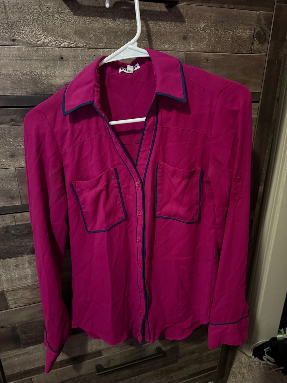 Express Women's Magenta Button-Front Shirt with Navy Trim